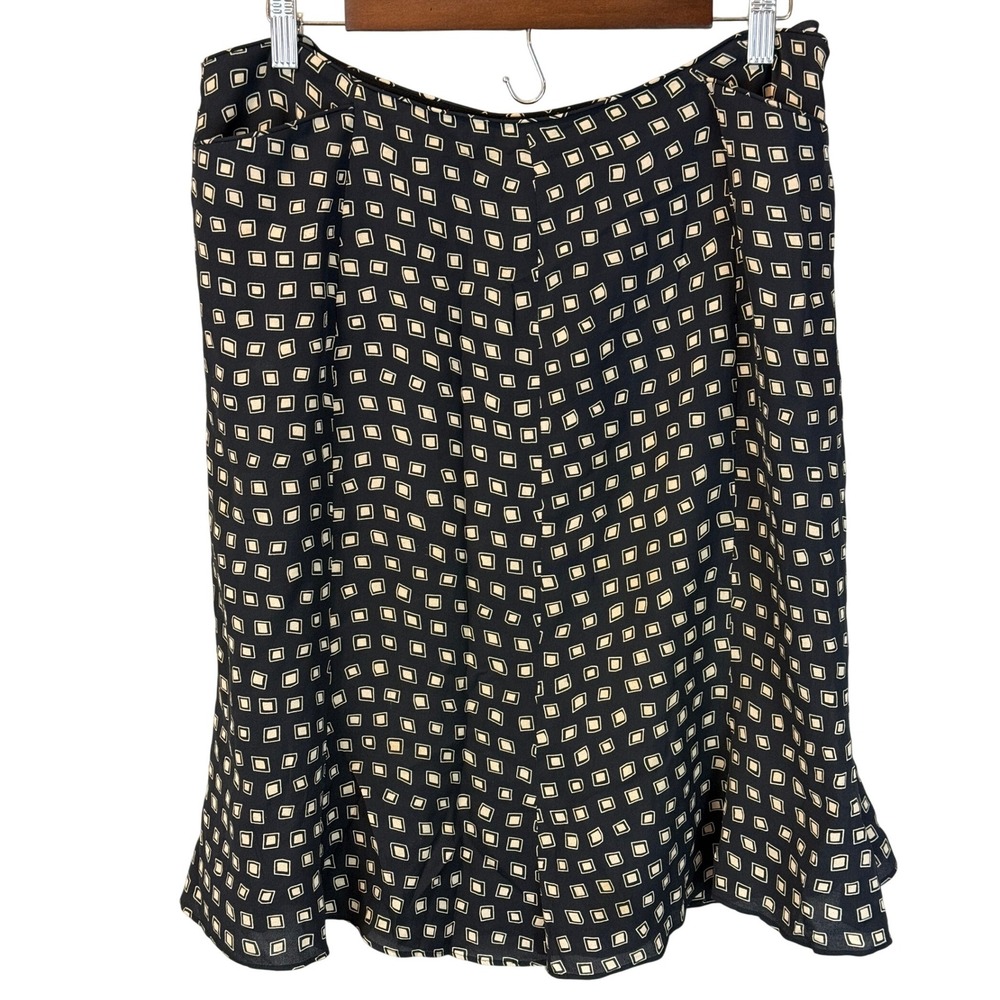 Anne Klein‎ Silk Flounce Knee Length Skirt Black Tan Geometric Size 12